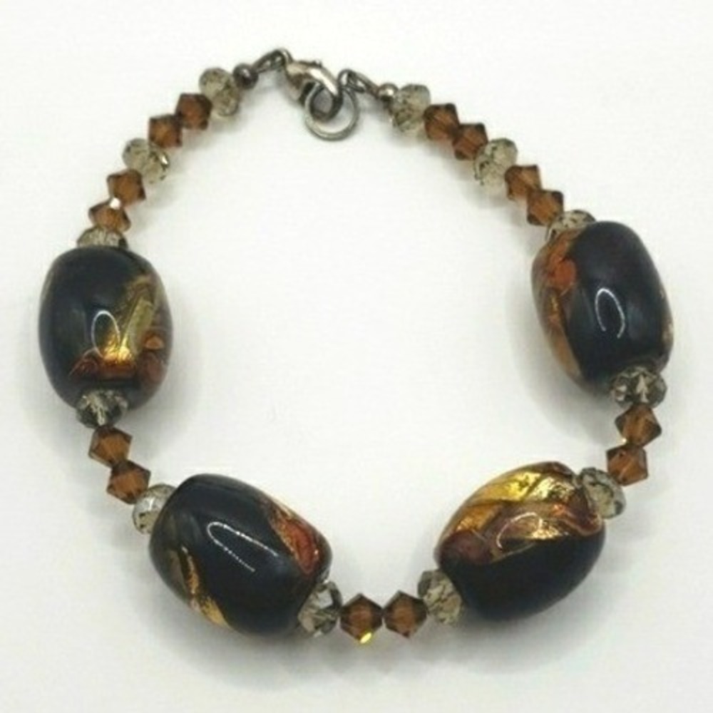 Elegant Glass Bead Bracelet Gold‎ Black Brown Crystal Accents Silver Clasp